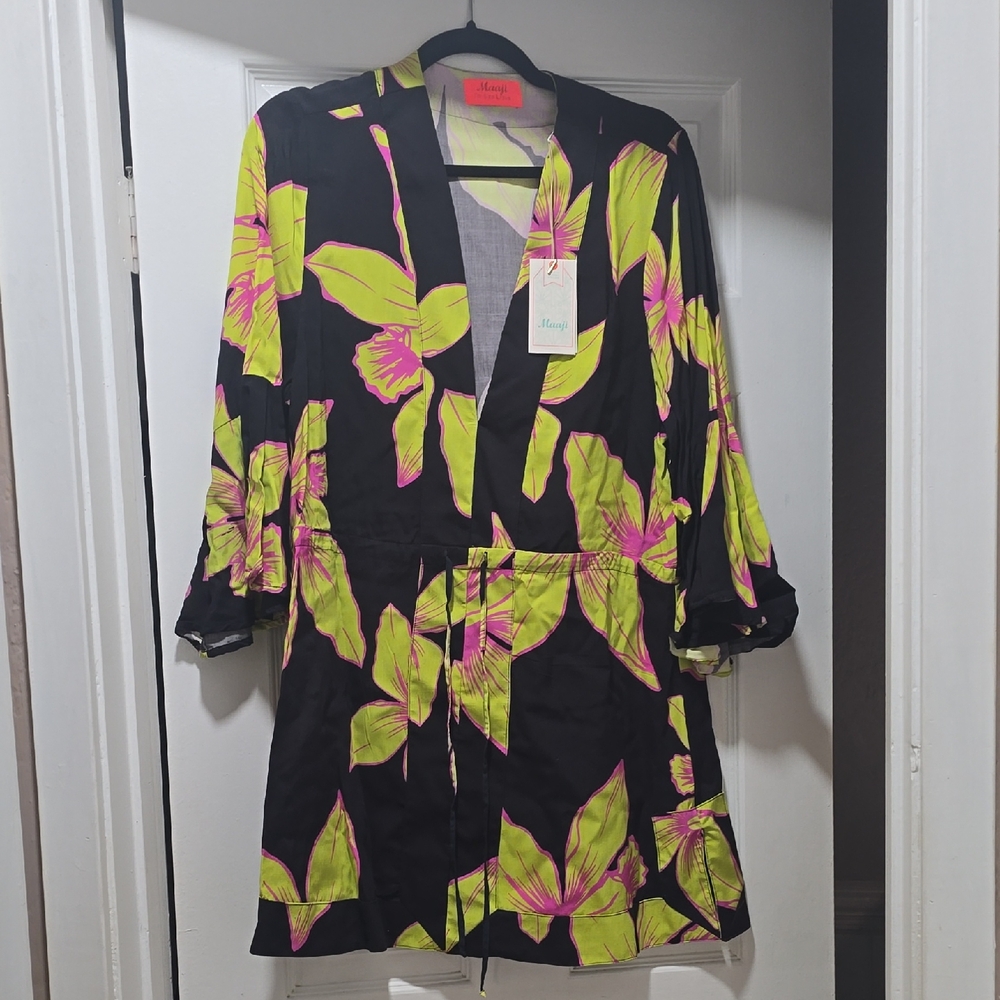 Maaji Black Pwith Pink and Green Floral Design Dress Size L - NWT